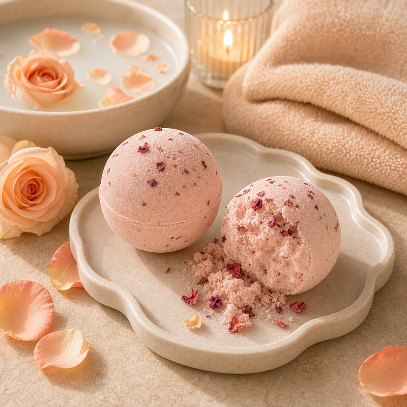 The Bloom Bath Bomb — blush bath bombs with rose petal flecks
