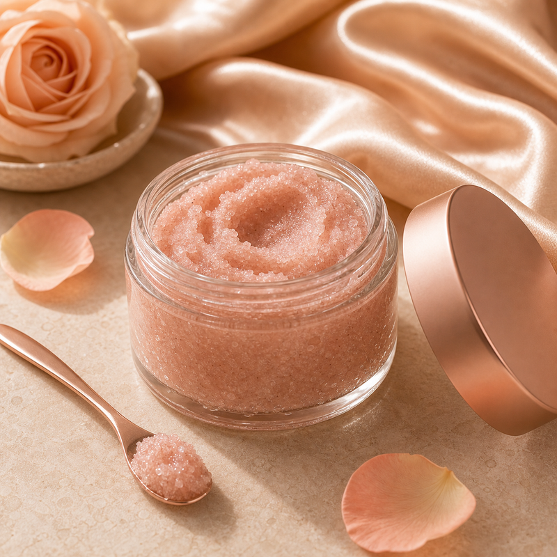 The Bloom Scrub — blush rose sugar polish in a clear glass jar