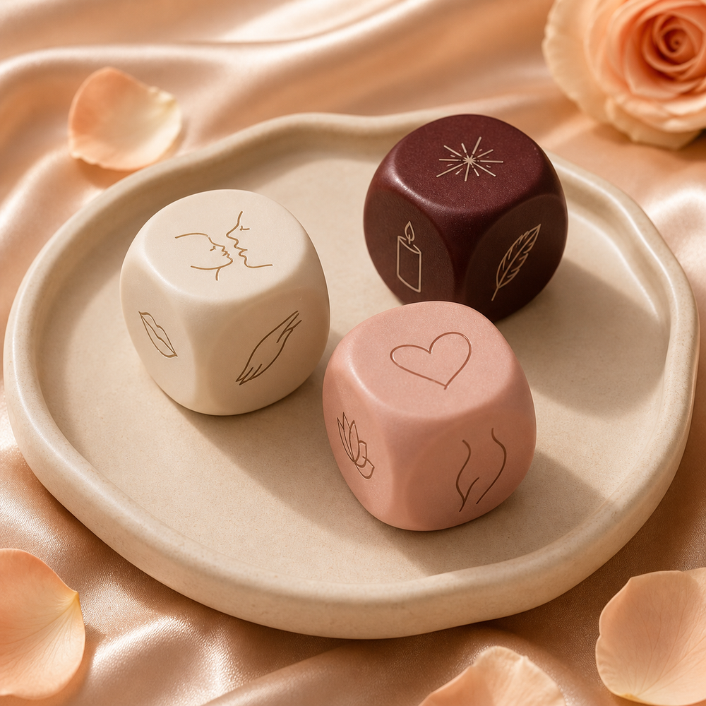The Bloom Dice — matte resin dice set in ivory, blush, and rosewood