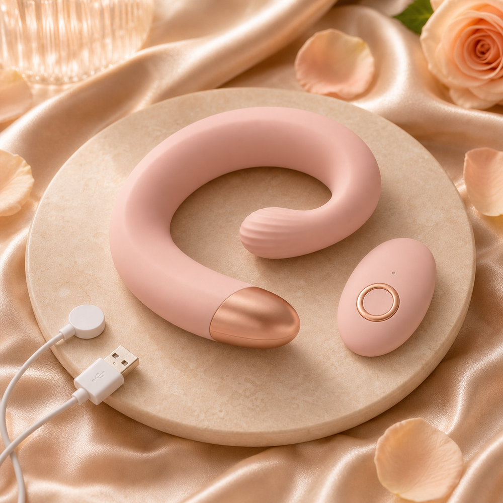 The Duo — blush C-shaped silicone wearable device with remote