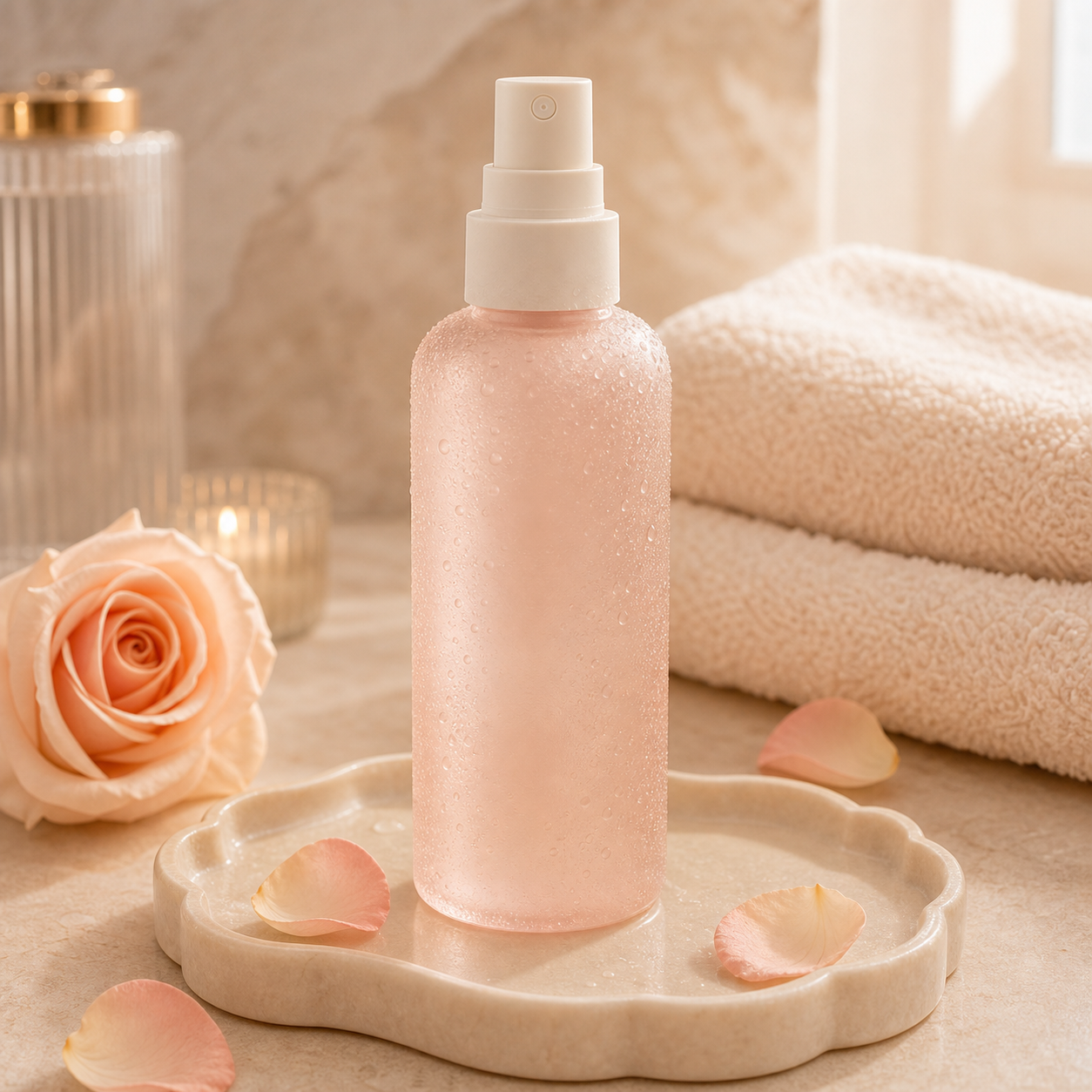 The Daily Mist — frosted blush body-care mist bottle with ivory atomizer