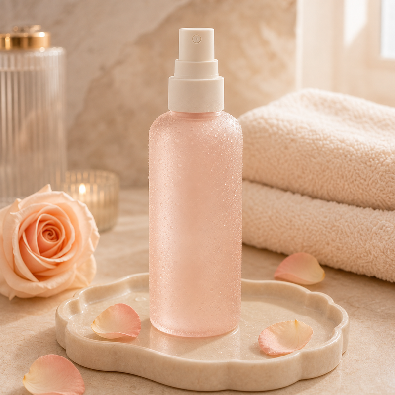 The Daily Mist — frosted blush body-care mist bottle with ivory atomizer