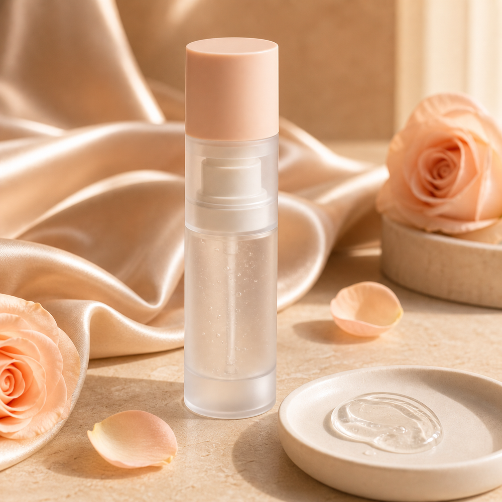 The Dew Serum — frosted airless serum bottle with clear gel swatch