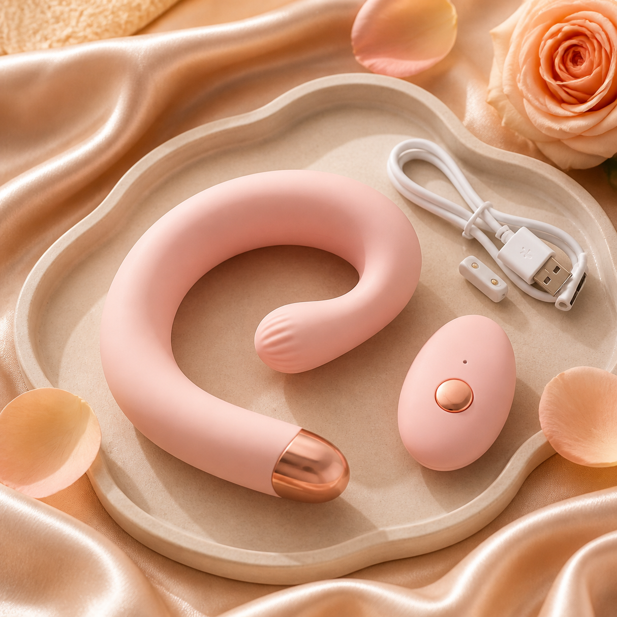 The Embrace — curved blush silicone wearable device with remote