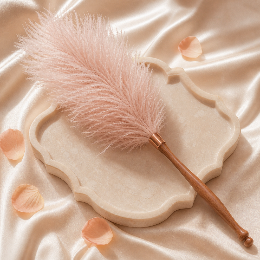 The Feather Touch — blush feather plume with warm wood handle