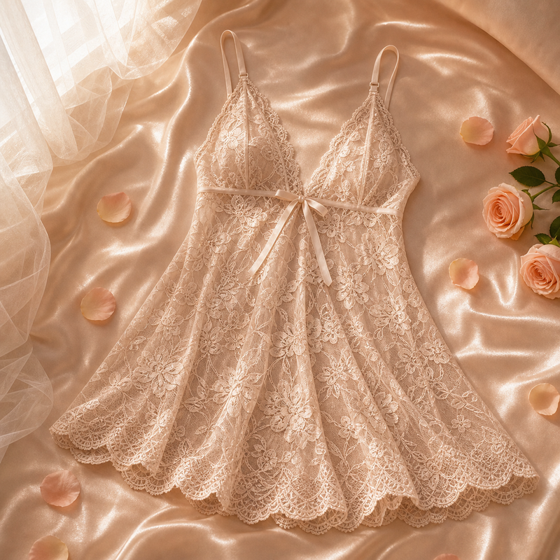 The Floral Lace Chemise — champagne floral lace A-line chemise with scalloped hem