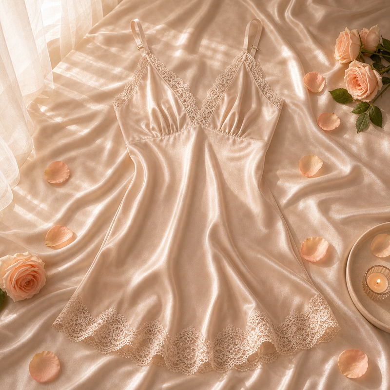 The Lace Sleep Dress — champagne satin sleep dress with lace-trim neckline