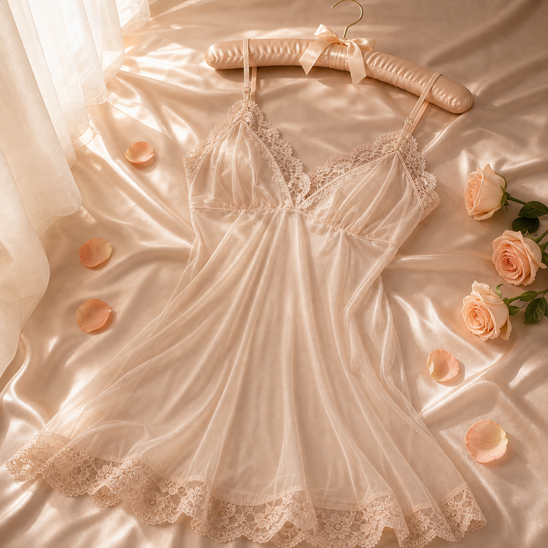 The Mesh Chemise — sheer champagne mesh with lace trim on satin