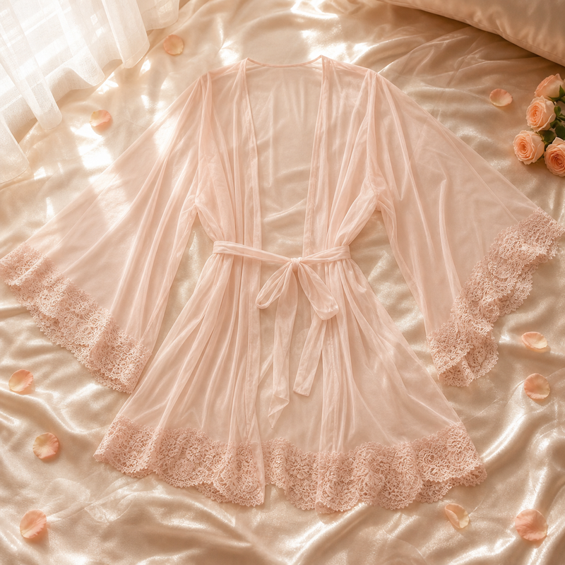 The Mesh Kimono — blush sheer kimono with wide sleeves and lace trim