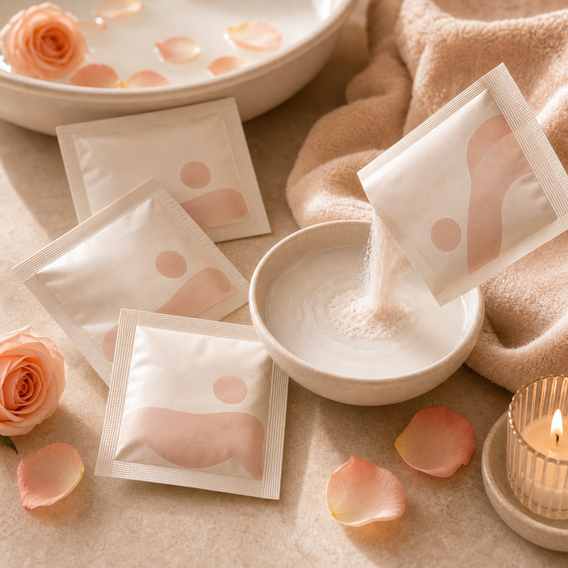The Milk Bloom — single-pour bath milk sachets with milky bath cue