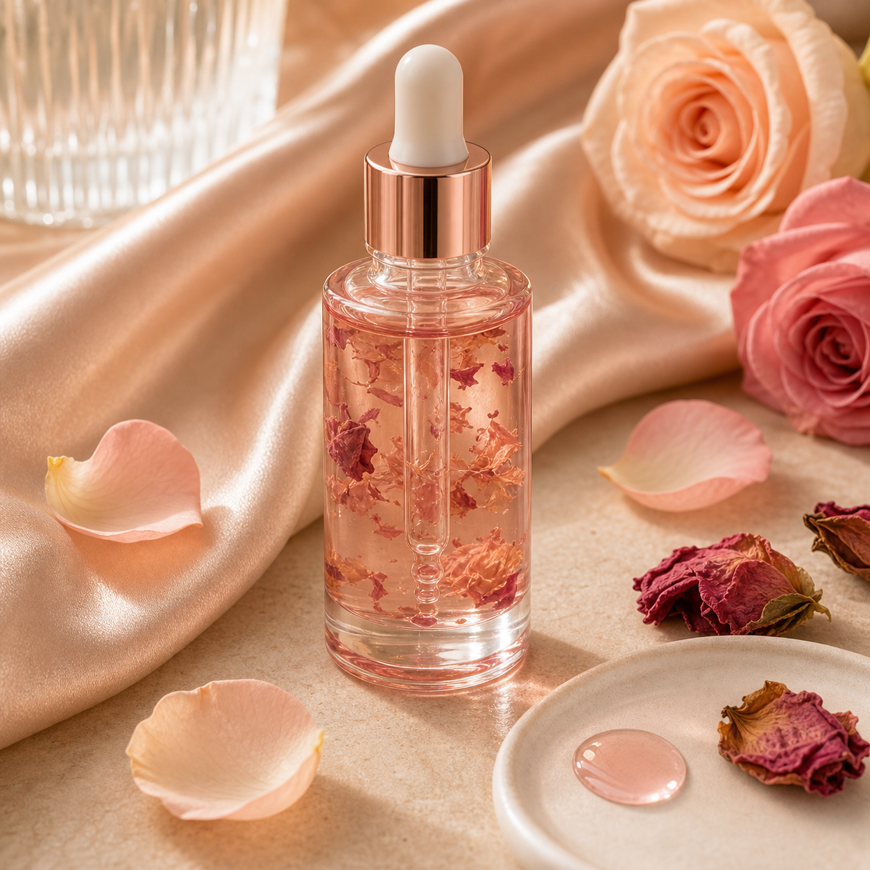The Afterglow Oil — rose-tinted beauty oil in clear glass dropper bottle