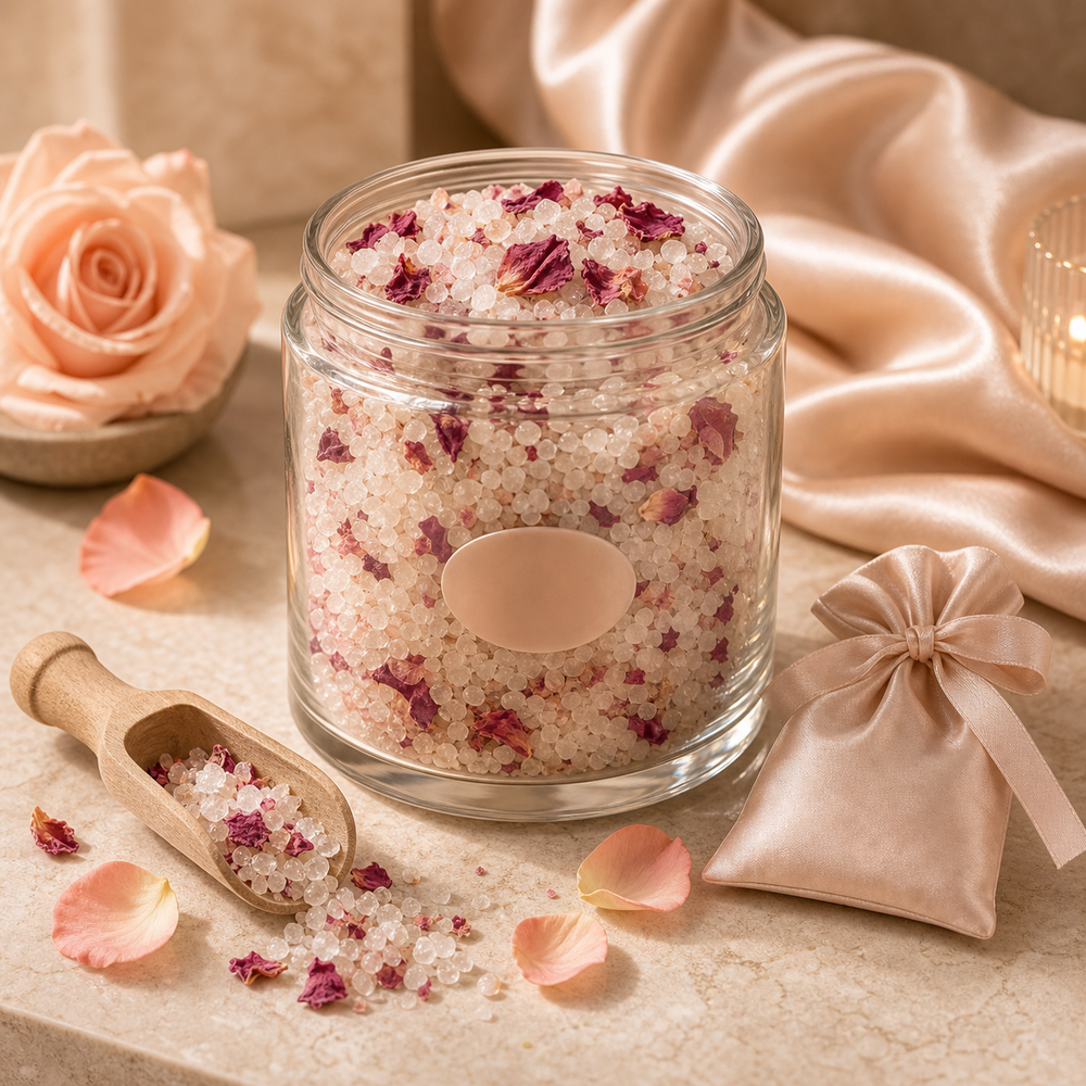 The Petal Soak — glass jar of mineral bath salts with rose petals