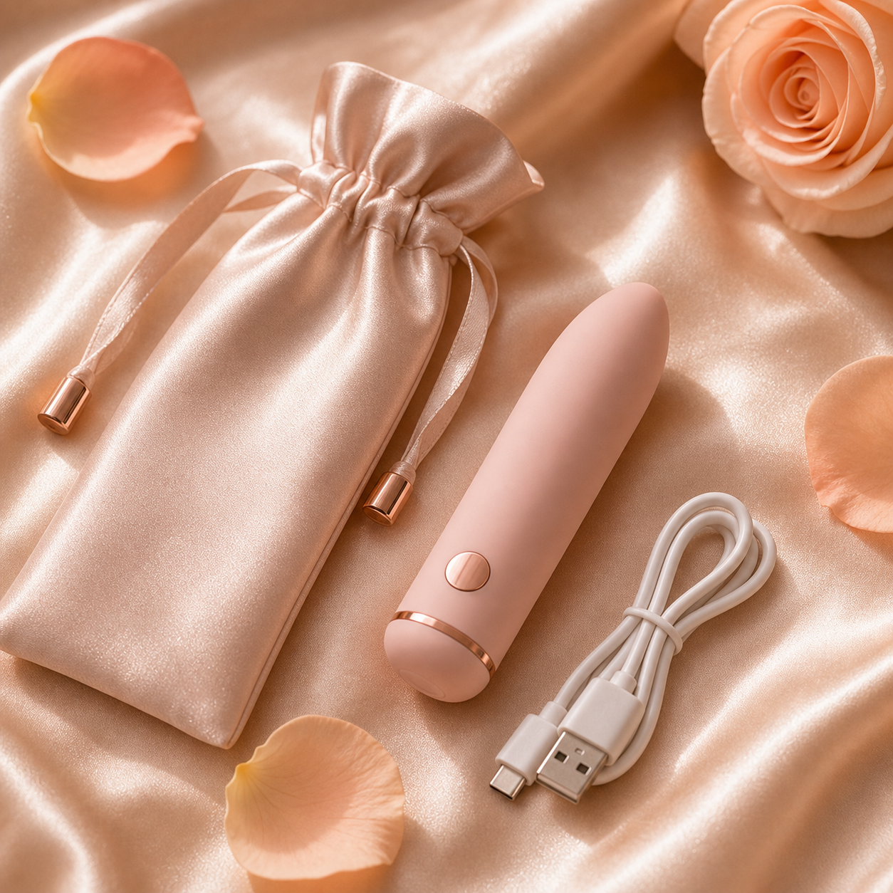 The Pocket — blush travel-size silicone device with satin pouch