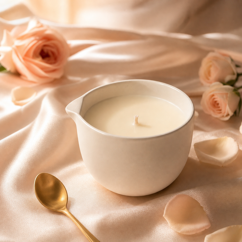 The Velvet Pour — pourable low-melt body candle in ivory ceramic vessel