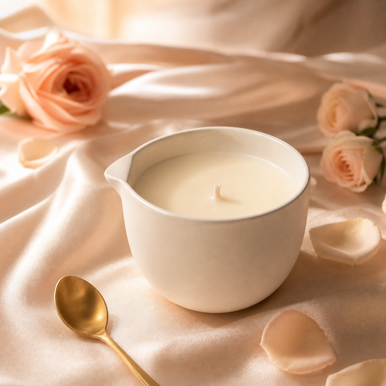 The Still Pour — low-melt pour candle in matte ivory ceramic