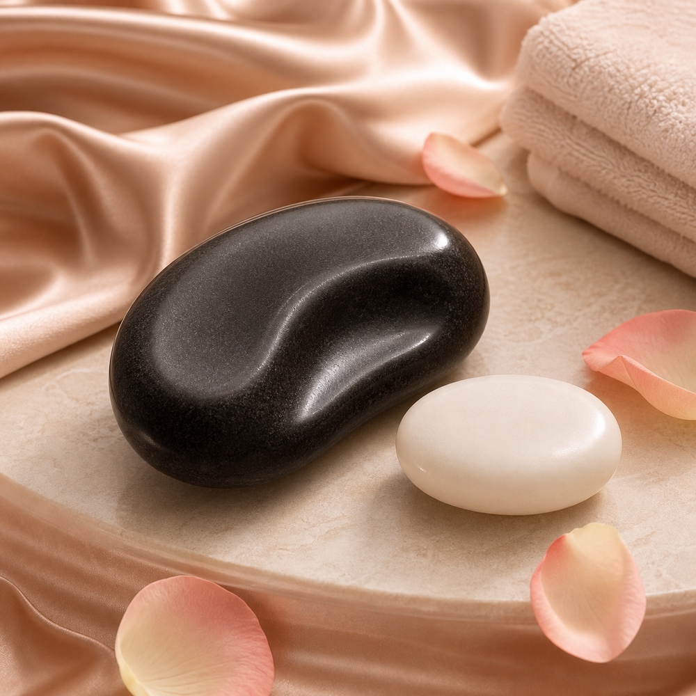 The Press Stone — polished basalt massage stone on champagne satin