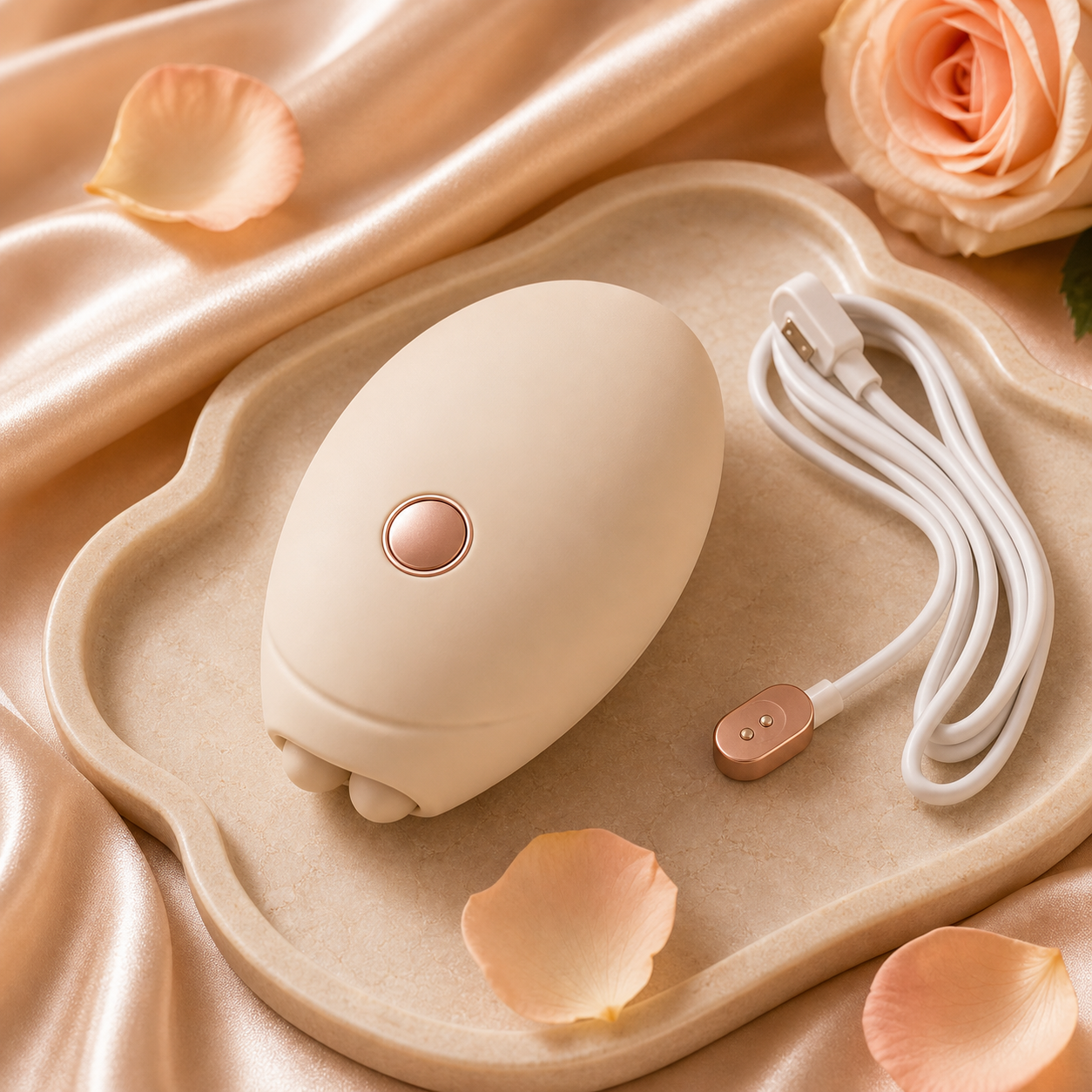 The Quiet Hum — compact ivory silicone palm massager with rose-gold button
