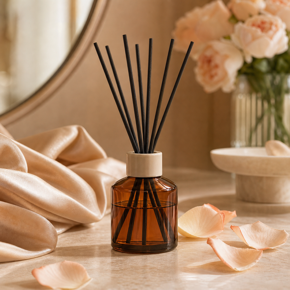 The Bloom Diffuser — amber glass reed diffuser with black reeds