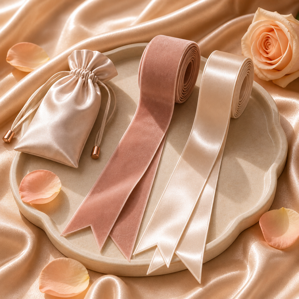 The Ribbon Set — matte blush velvet ribbon and glossy champagne satin ribbon