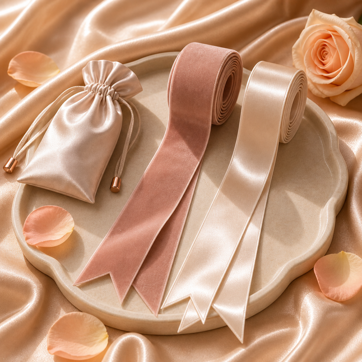 The Ribbon Set — matte blush velvet ribbon and glossy champagne satin ribbon