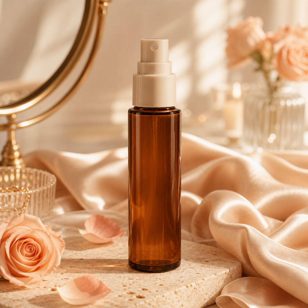The Room Mist — amber glass fine-mist bottle with ivory atomizer