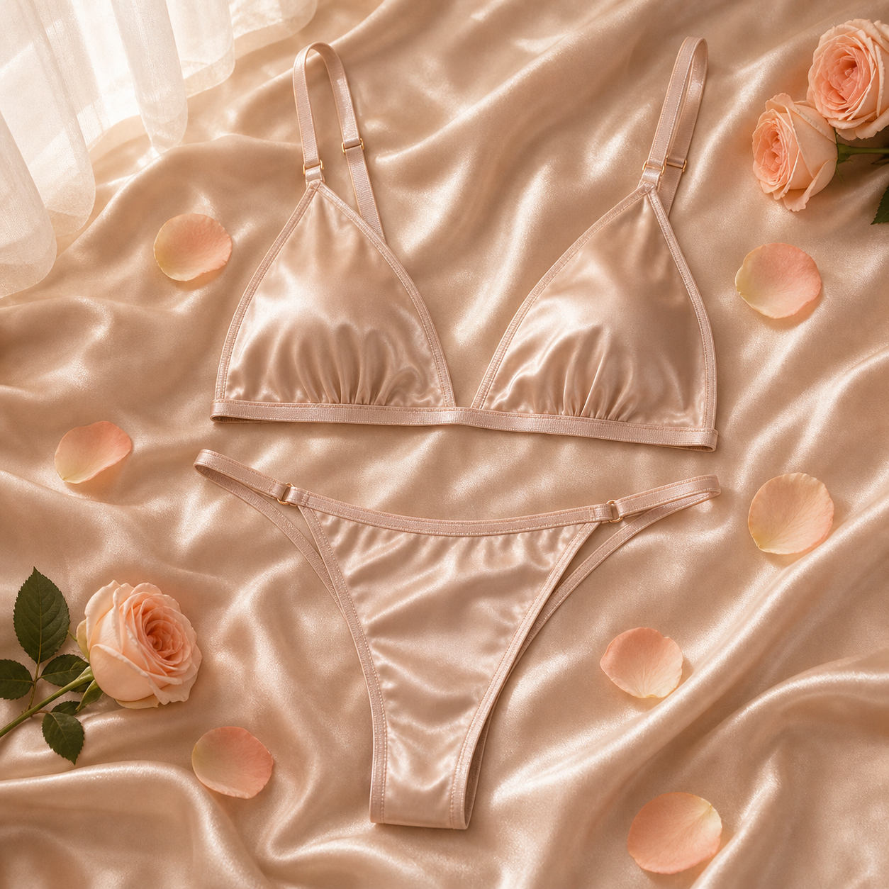 The Satin Set — champagne satin bralette and high-cut panty flat lay