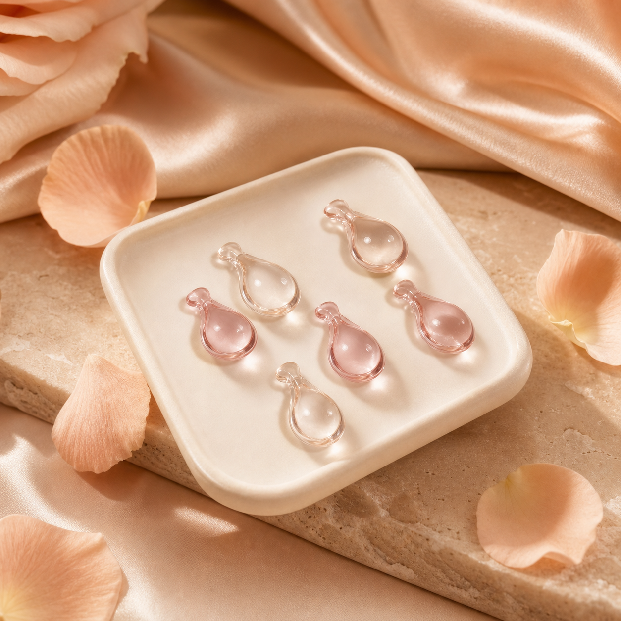 The Aloe Dew — single-use blush serum capsules on an ivory tray