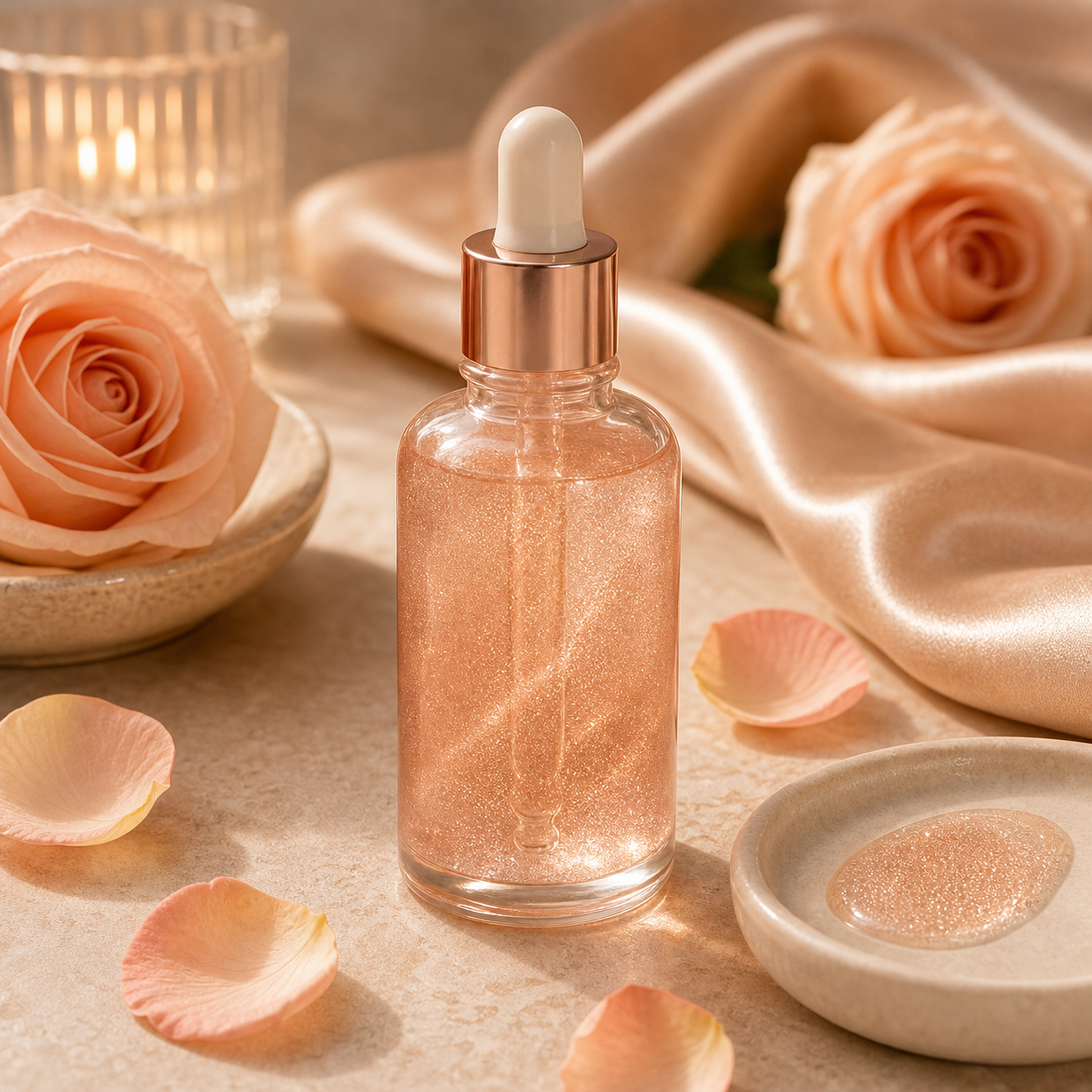 The Shimmer Oil — rose-gold illuminating oil with visible pearl shimmer