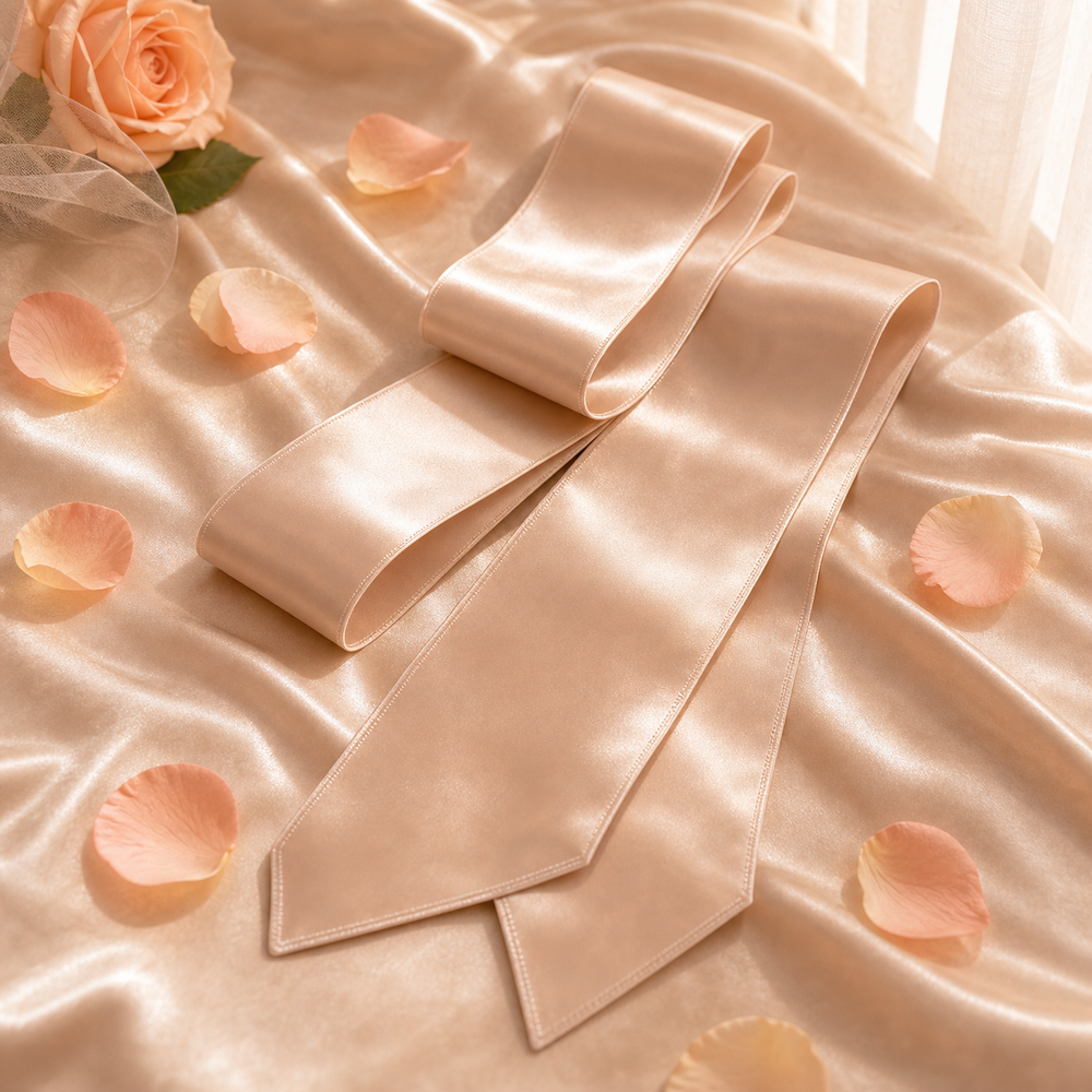 The Silk Tie — long champagne silk tie folded to show length