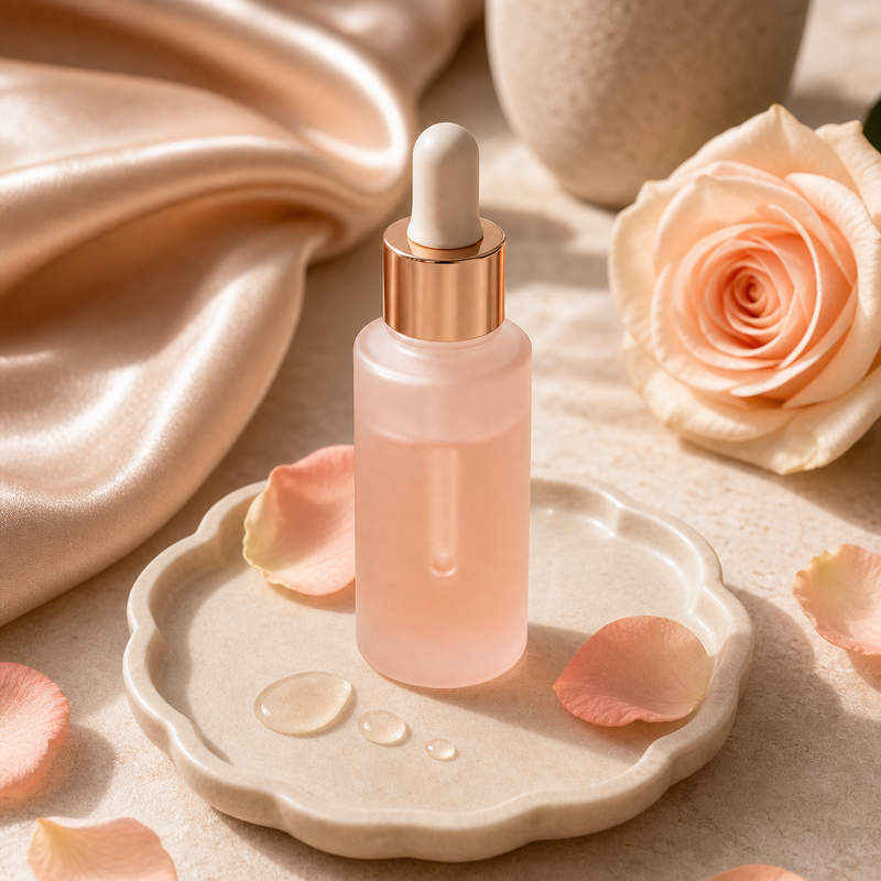 The Bloom Smooth Serum — blush dropper bottle with clear serum drops