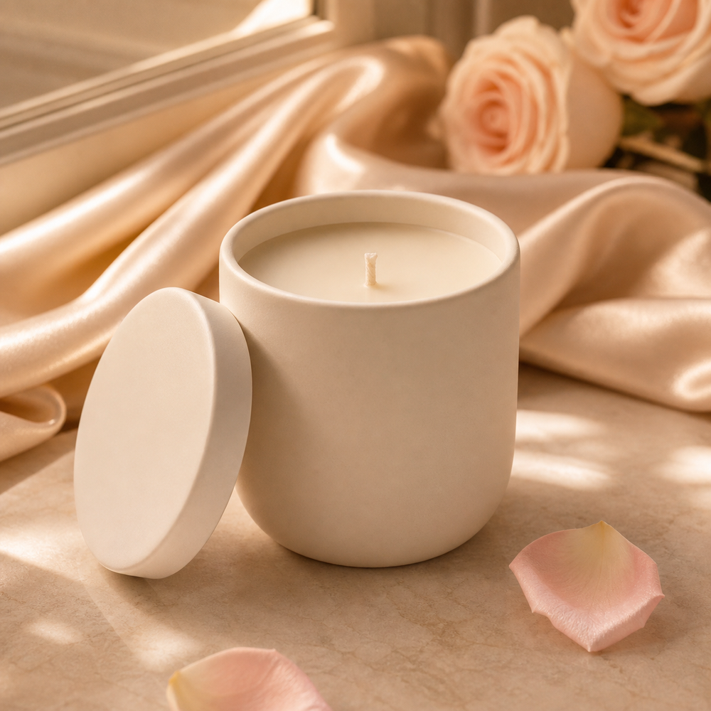 The Still Candle — matte ivory ceramic candle with matching lid