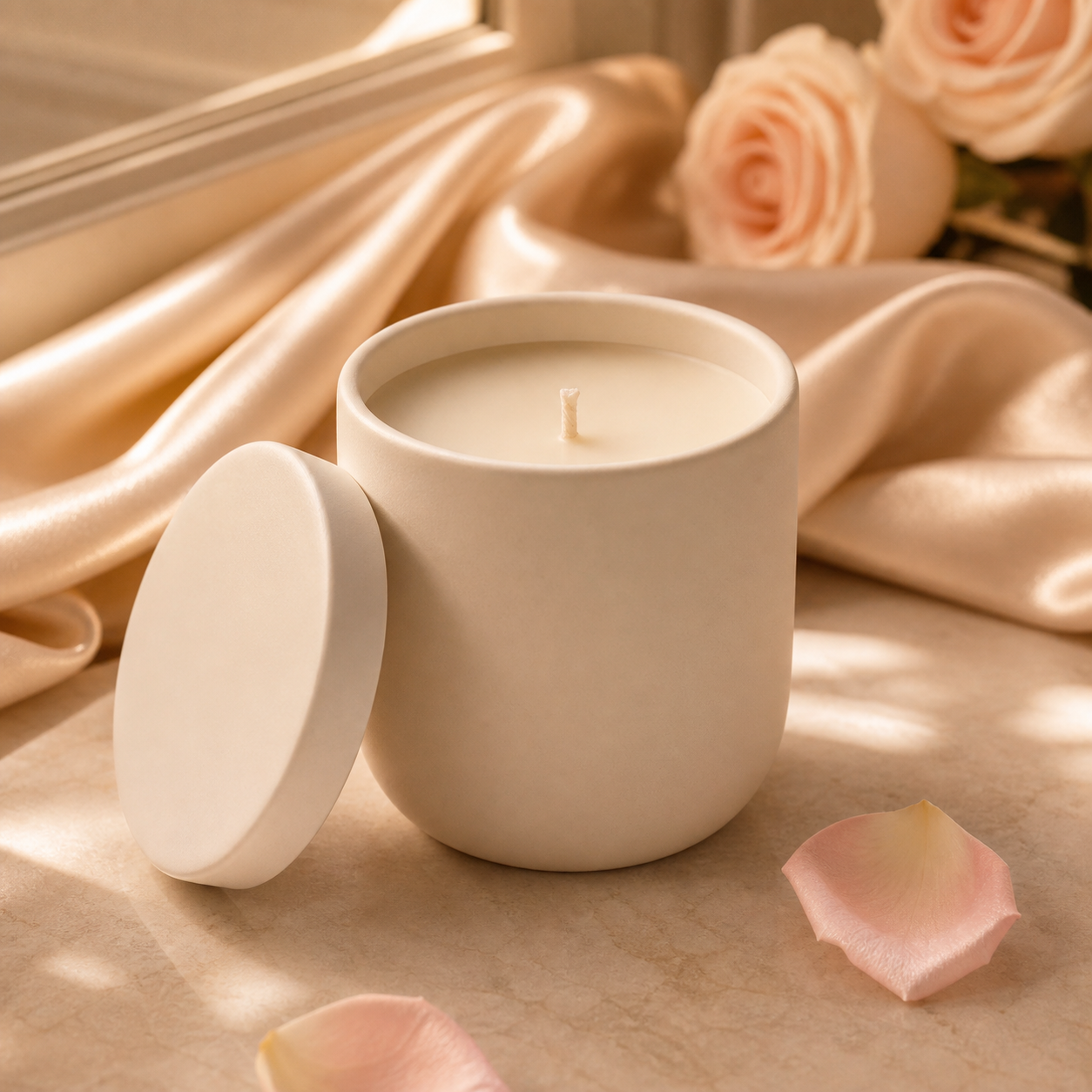 The Still Candle — matte ivory ceramic candle with matching lid