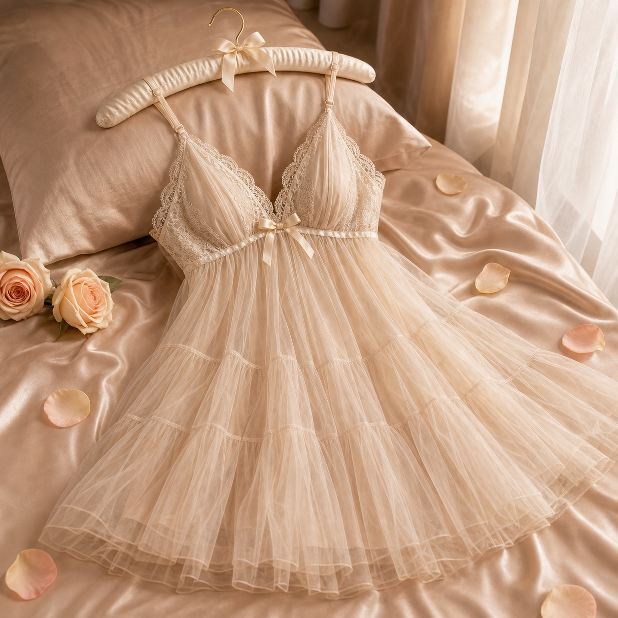 The Tulle Negligee — champagne tiered tulle dress with lace bodice