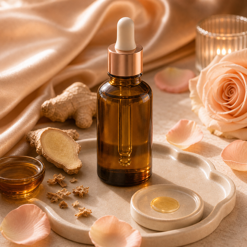 The Petal Smooth Oil — amber dropper bottle with soft botanical styling